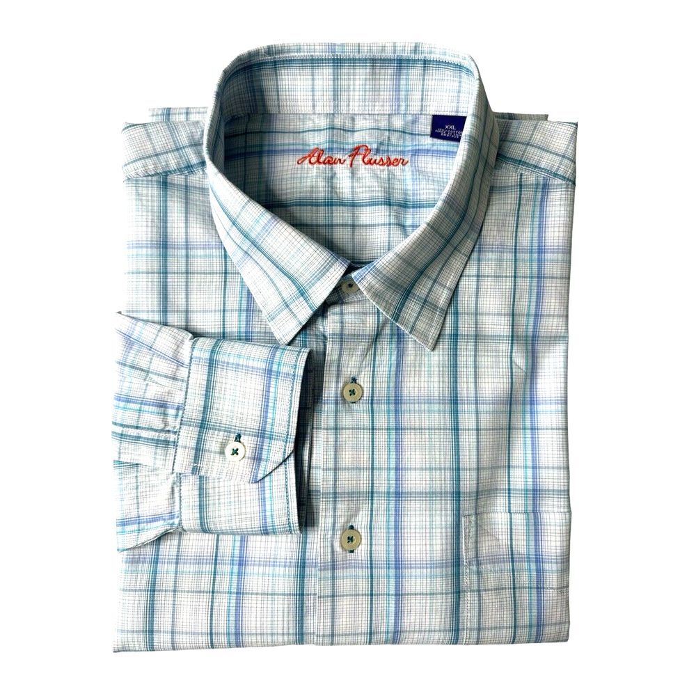 Alan Flusser Men's Button-Up Shirt - 2XL, Blue Plaid, Long Sleeve‎